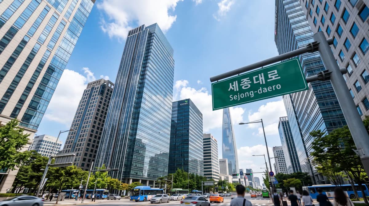 세종대로 표지판과 서울 도심 업무 빌딩들